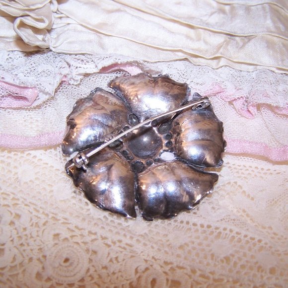 Designer Signed E.F. 900 Silver Pin Brooch - Round Flower Floral - Picture 3 of 7
